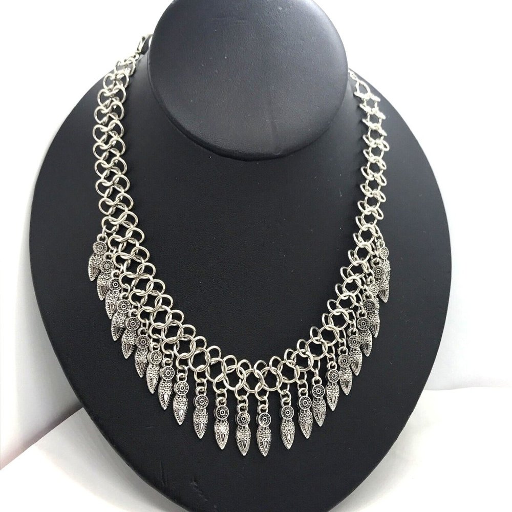 CHAIN Necklace FEATHERS DANGLE 15" collar FRINGE Silver tone